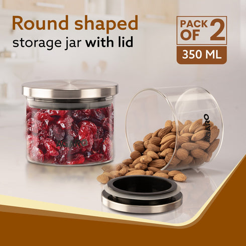 Elite Borosilicate Glass Jar 350 ml, Round Shaped, Steel Lid, Storage Glass Container, Transparent, Kitchen Organiser, Multipurpose Jar, Pack of 2